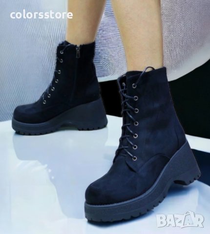 Боти на платформа - черен велур - SZL1