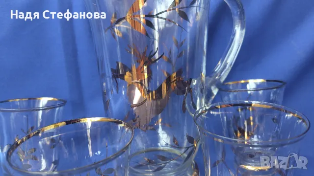 Ретро комплект за безалкохолно, вода, вино, кана и 4 чаши, златни шарки, кантове, снимка 5 - Антикварни и старинни предмети - 47333678