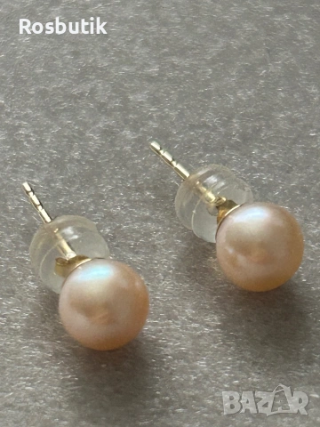 Златни обеци  с естествени розови перли ААА, снимка 6 - Обеци - 53366590