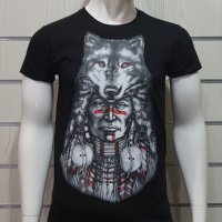 Нова мъжка тениска с трансферен печат Вълк Индианец, Серия вълци, снимка 1 - Тениски - 27554737