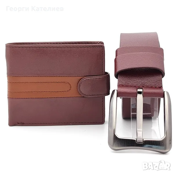 Мъжки колан и портфейл в бордо-Подаръчен комплект Код на продукта:M-0039, снимка 1