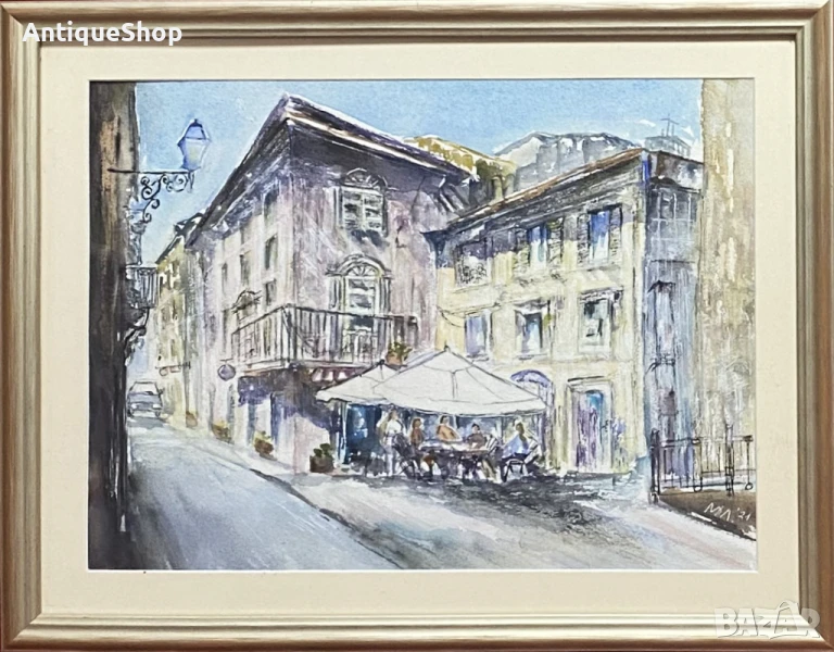 Картина, акварел, пейзаж, къщи, кафене, подписана, снимка 1