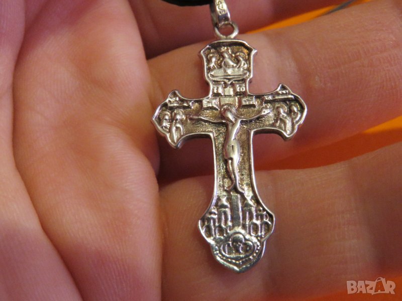 сребърен православен сребърен кръст разпятие с Исус Христос на гърба Архангел Михайл кръщене, снимка 1