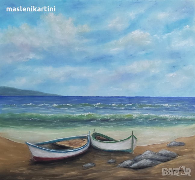 Маслена картина лодки и море, снимка 1