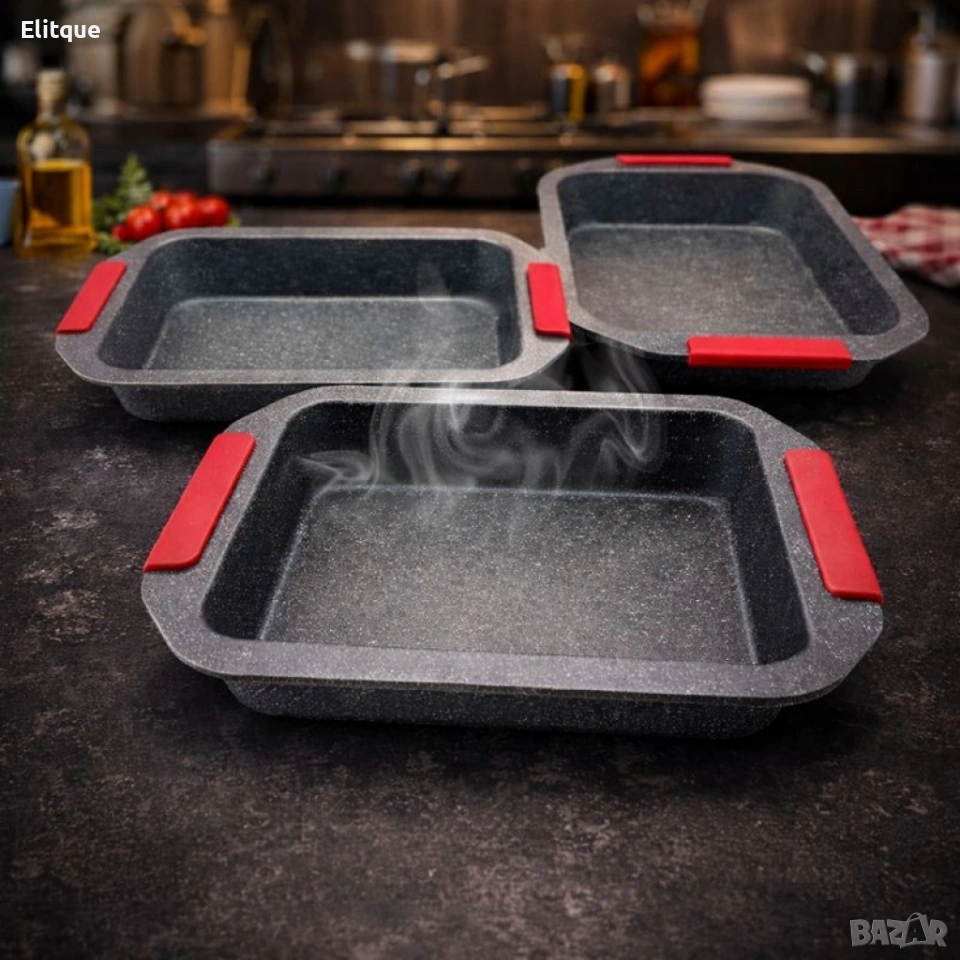 Комплект 3 тави за печене Cheffinger с мраморно покритие и силиконови дръжки , снимка 1