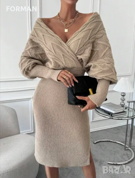 УНИКАЛНА рокля плетиво в бежово , снимка 1