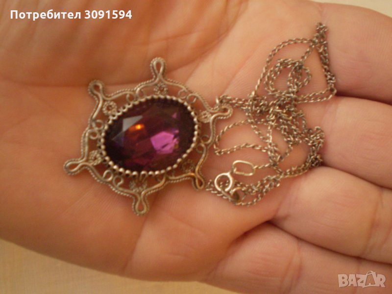 Арт Деко  посребрен медальон филигран лилав кристал  , снимка 1