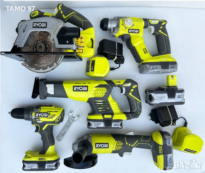 Ryobi - Акумулаторен сет циркуляр, перфоратор, саблен трион, винтоверт и ъглошлайф, снимка 1