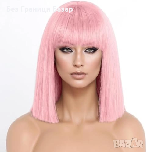 Нова Къса розова перука с бретон за аниме Хелоуин ежедневие Коса жени, снимка 1