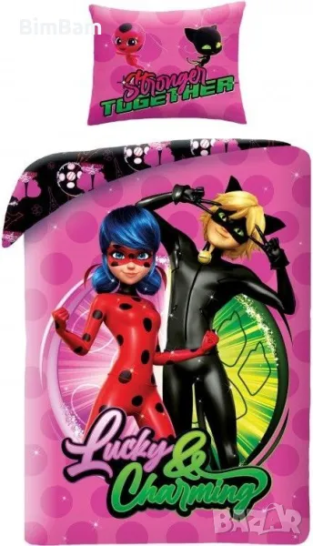 Оригинален детски двулицев спален комплект Miraculous - Калинката и Черния котарак - Lucky, снимка 1