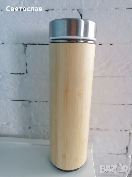 Термос с цедка за чай от бамбуково покритие и неръждаема стомата, снимка 1