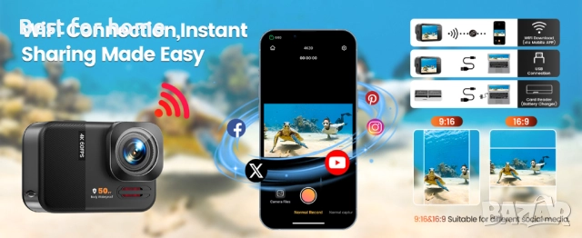 4K 60FPS 48MP WiFi екшън камера с тъчскрийн Go10, снимка 11 - Камери - 52901788