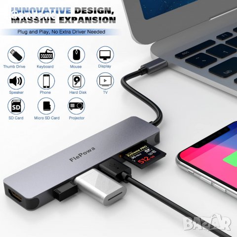 USB C Hub 6-в-1 FLEPOW, 4K HDMI, 3 USB 3.0 порта, SD / Micro SD четец на карти, снимка 7 - Други - 34749542