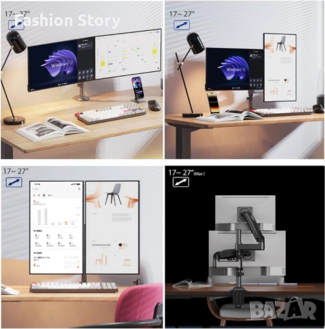 Двоен мониторен държач за бюро NB Ergonomic H180 (17–27", до 9 кг на монитор), снимка 3 - Стойки, 3D очила, аксесоари - 51955366