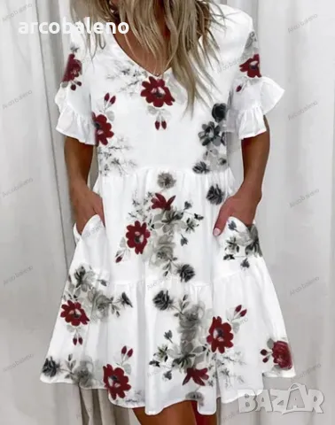 Свободна модна с V-образно деколте къса рокля с джоб и волан, 10цвята , снимка 11 - Рокли - 50133940