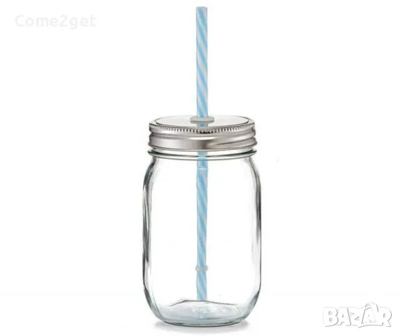 Прозрачна стъклена чаша с капак и сламка, 450мл, снимка 2 - Чаши - 48931826
