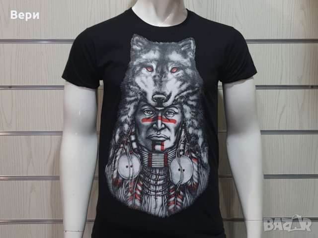 Нова мъжка тениска с трансферен печат Вълк Индианец, Серия вълци