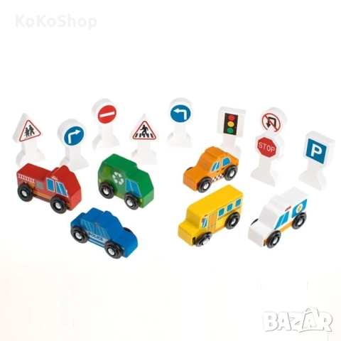 Дървени превозни средства,светофар и пътни знаци-15 части, снимка 2 - Образователни игри - 52433778