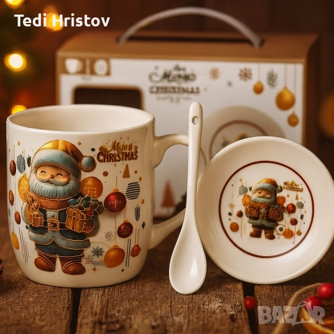 Коледна керамична чаша с капак и лъжица – уют за всяка сутри