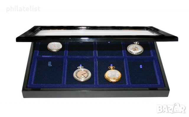 Луксозна дървена кутия витрина SAFE с прозрачна част и черен цвят на кутията за 8 джобни часовници