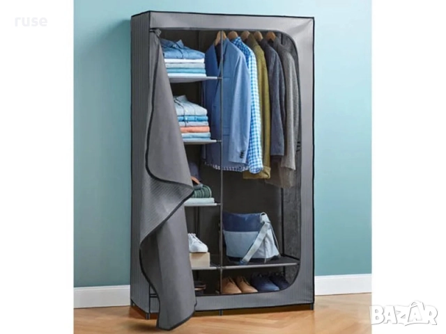 НОВ! Текстилен гардероб с лост и рафтове 174х100х46см сив-райе, снимка 4 - Гардероби - 52519153