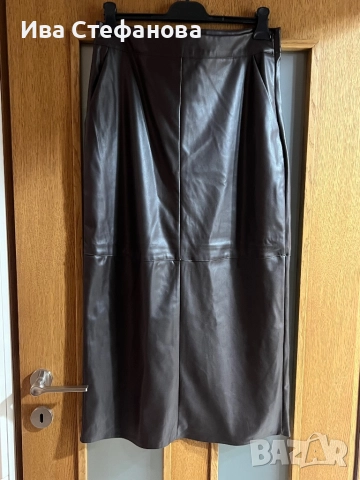 Нова елегантна дълга midi миди дължина кафява кожена пола, снимка 2 - Поли - 52806669