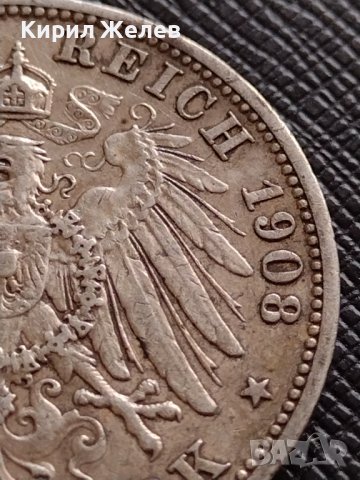 СРЕБЪРНА МОНЕТА 3 марки 1908г. ГЕРМАНСКА ИМПЕРИЯ Фридрих втори херцог на Баден УНИКАТ 34166, снимка 6 - Нумизматика и бонистика - 39695478
