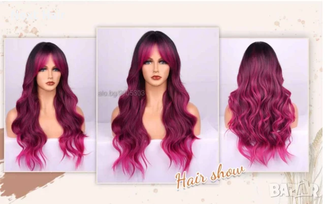 Омбре перука розово червена циклама с черни корени и бретон, снимка 9 - Аксесоари за коса - 51086945