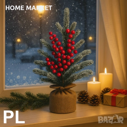 Мини коледна елха със заснежени клонки и декоративни червени плодове