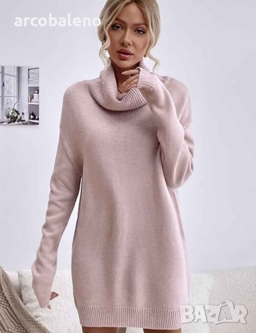 Дамска едноцветна широка плетена пуловерна рокля с висока яка, 4цвята , снимка 16 - Рокли - 43430315