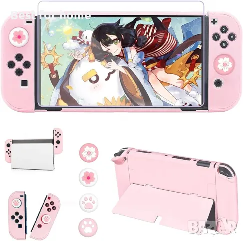 Комплект аксесоари в розов калъф 10в 1  съвместим с Nintendo Switch, снимка 2 - Аксесоари - 49976568