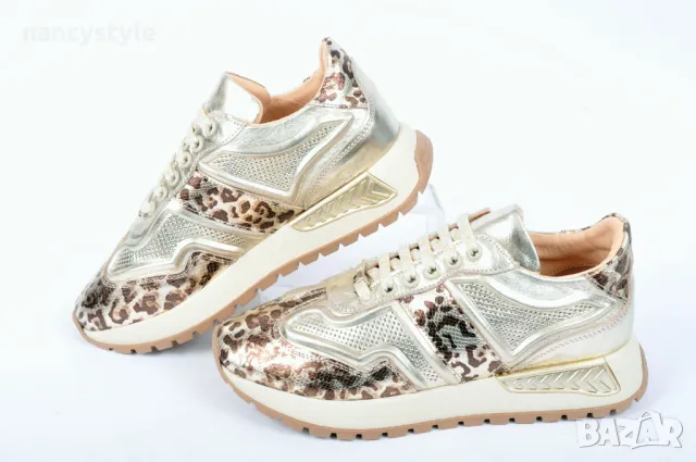 NEW! Златисти дамски маратонки от естествена кожа