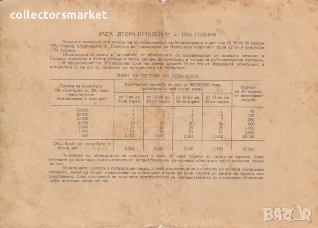 Облигация 40 лева 1954 № 135012, снимка 2 - Други ценни предмети - 47385852