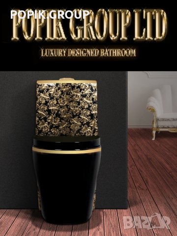 Дизайнерски Луксозен ЧЕРЕН  Моноблок за Баня и тоалетна с златни орнаменти ПРОМО, снимка 2 - Други - 27070656