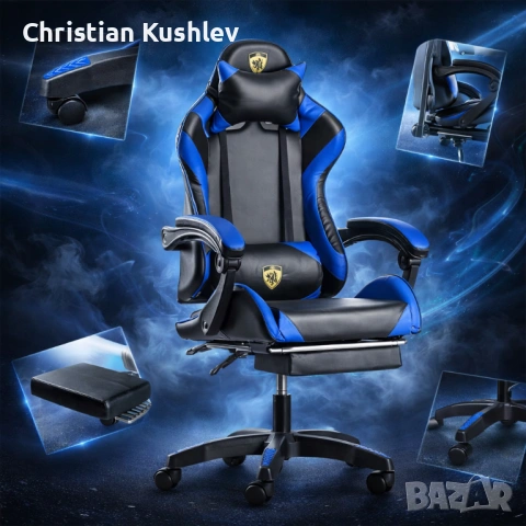 Геймърски стол с поставка за крака - подходящ за деца и тинейджъри- черно-син, въртящ, с масажна фун, снимка 3 - Столове - 53275436