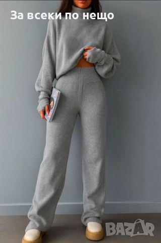 Дамски Комплект 2 Части С Ефектен Ръкав И Поло Плетиво - 3 Налични Цвята Код S189, снимка 2 - Комплекти - 52419076