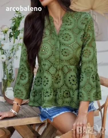 Едноцветна дамска риза с три четвърти ръкав с v-образно деколте, 4цвята , снимка 3 - Ризи - 49904419