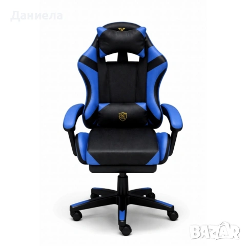 Ергономичен геймърски стол с масажна функция и поставка за крака – черно-син, снимка 7 - Столове - 53443529