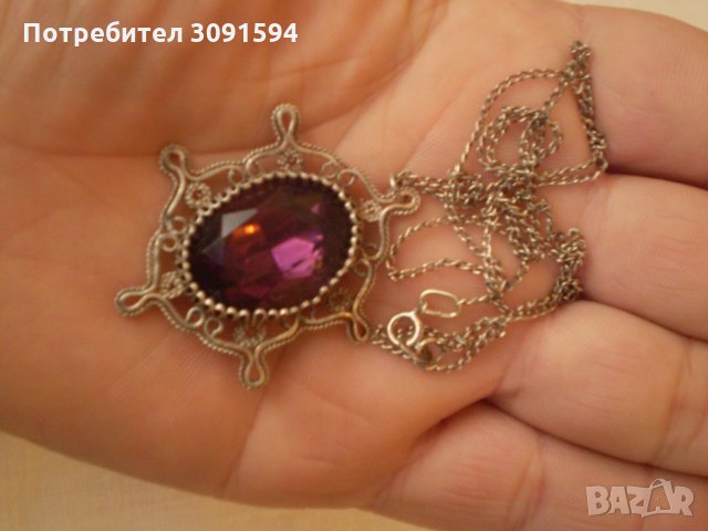 Арт Деко  посребрен медальон филигран лилав кристал  , снимка 1