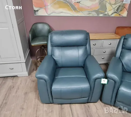 Тюркоазено син кожен комплект - диван тройка и два фотьойла La-z-boy, снимка 9 - Дивани и мека мебел - 49936251