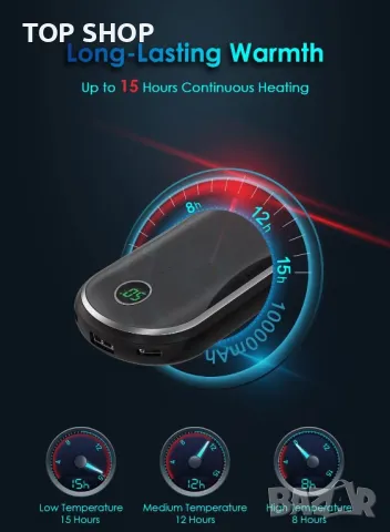 Акумулаторен нагревател за ръце,Power Bank 10000mAh, 15 часа издръжливост,цифров дисплей, снимка 5 - Друга електроника - 48648482