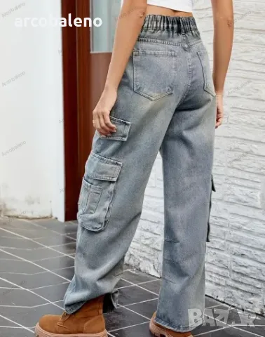 Дамски изпрани полуеластични широки дънкови панталони , снимка 3 - Дънки - 48606053