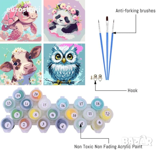 Pujeknm Комплект от 4 броя платно с рамка  за рисуване по номера със сладки животни за възрастни , снимка 5 - Картини - 52514916