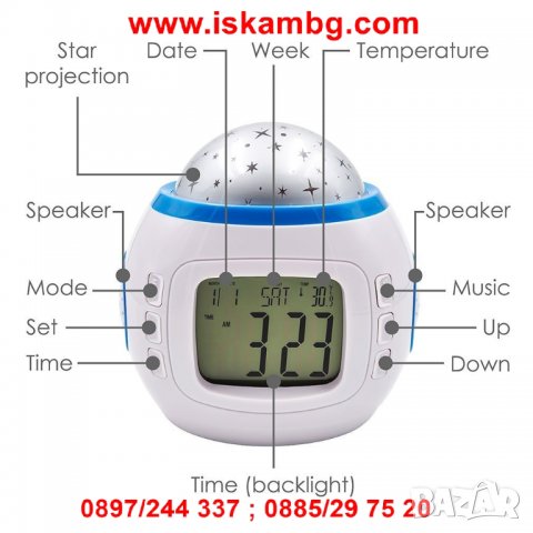 Музикален часовник с прожектор за звезди  код 1038, снимка 4 - Други стоки за дома - 26981784