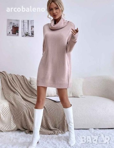 Дамска едноцветна широка плетена пуловерна рокля с висока яка, 4цвята , снимка 14 - Рокли - 43430315
