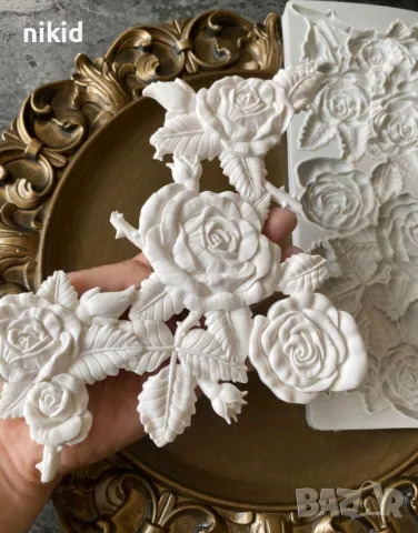 Голямо пано с много рози с листа роза силиконов молд форма фондан шоколад гипс декор, снимка 5 - Форми - 49092766