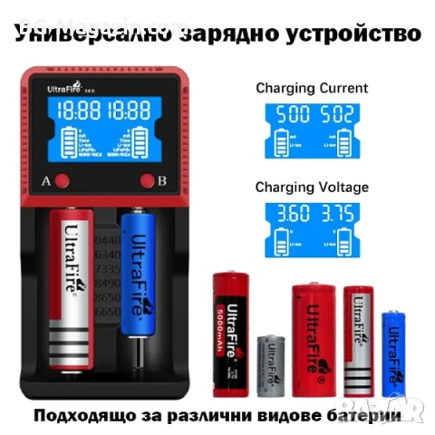 Универсално интелигентно зарядно устройство за батерии 18650 16340 26650 2 слота бързо зареждане