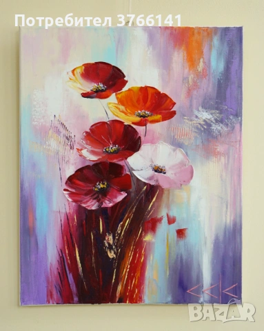 "Макова нежност" Картина 50х40 см, Маслена живопис с шпакла, снимка 2 - Картини - 53562946