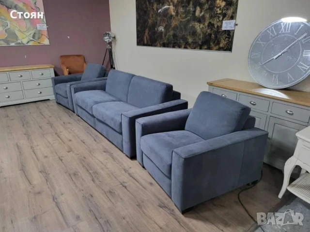 Сив комплект от плат набук диван тройка с функция сън и два фотьойла, снимка 3 - Дивани и мека мебел - 50886856