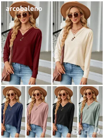 Дамска блуза с дълги ръкави и копчета с V-образно деколте, 6цвята 